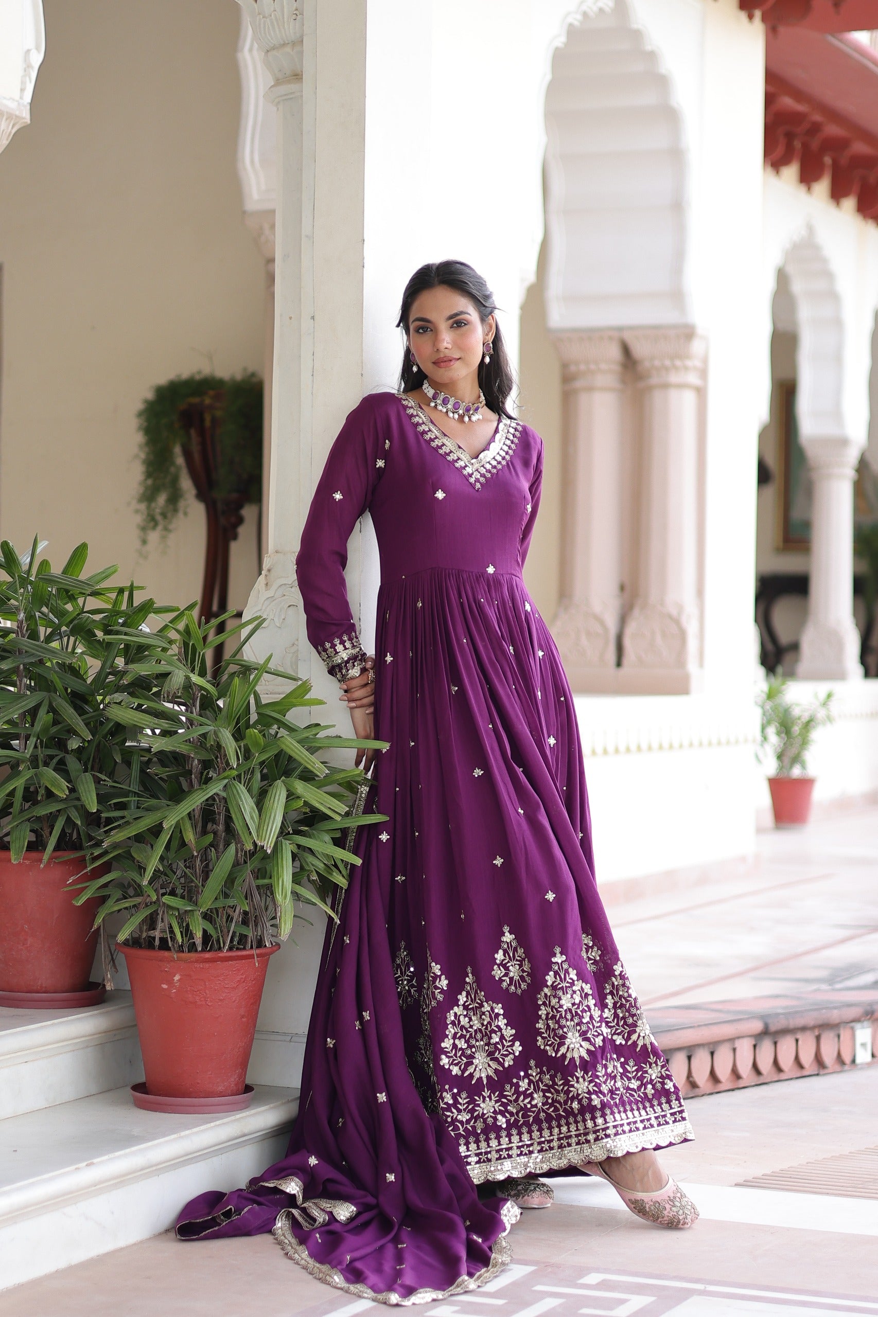 Prazu Fashion Wine Vichitra Silk Rich Sequins Embroidered Work Gown With Dupatta - Distacart