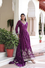 Thumbnail for Prazu Fashion Wine Vichitra Silk Rich Sequins Embroidered Work Gown With Dupatta - Distacart