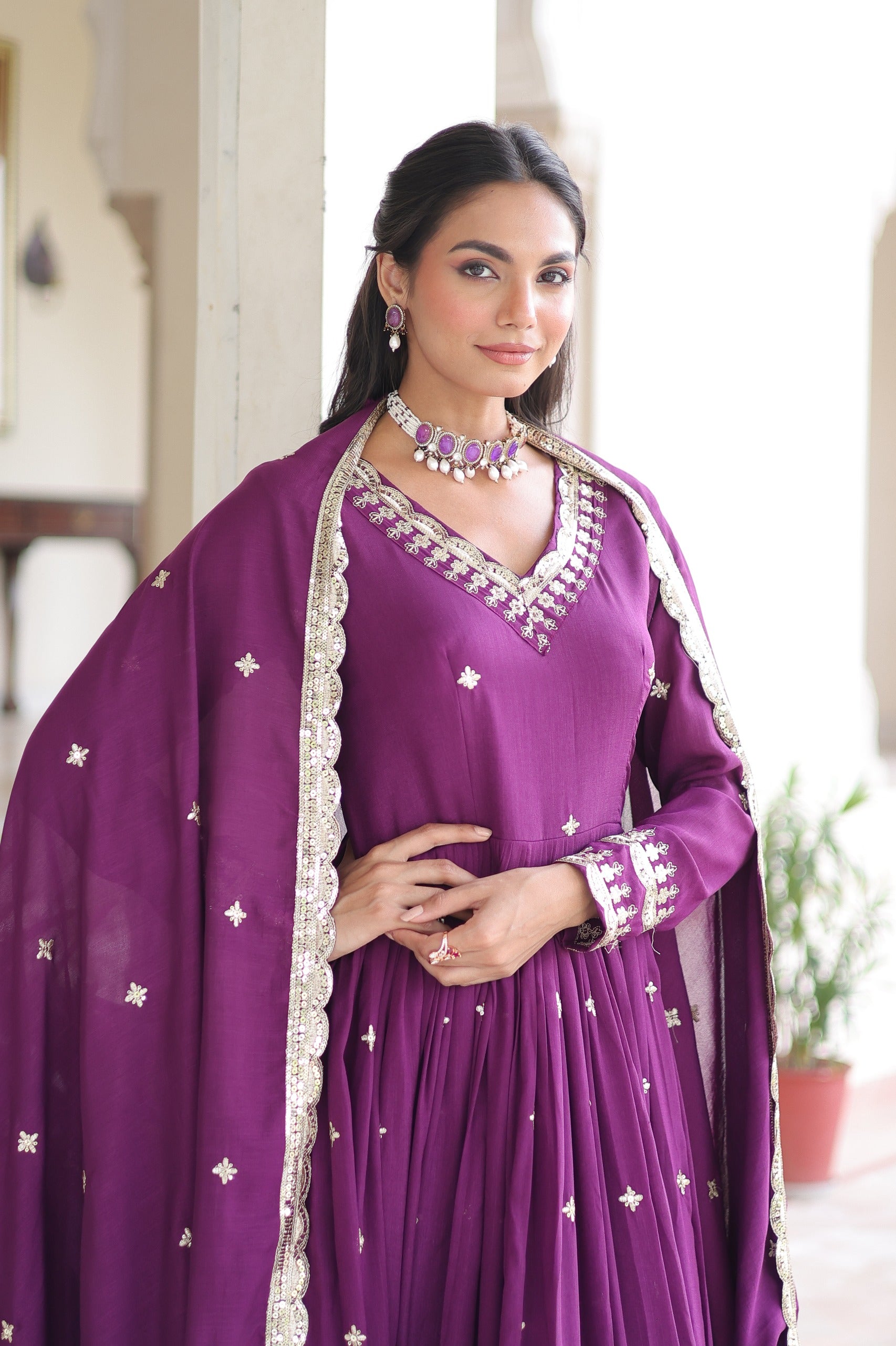 Prazu Fashion Wine Vichitra Silk Rich Sequins Embroidered Work Gown With Dupatta - Distacart