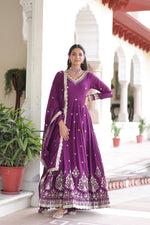 Thumbnail for Prazu Fashion Wine Vichitra Silk Rich Sequins Embroidered Work Gown With Dupatta - Distacart