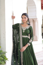 Thumbnail for Prazu Fashion Mahendi Vichitra Silk With Rich Sequins Embroidered Gown With Dupatta - Distacart
