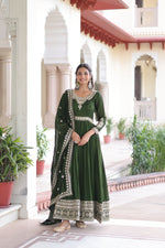 Thumbnail for Prazu Fashion Mahendi Vichitra Silk With Rich Sequins Embroidered Gown With Dupatta - Distacart