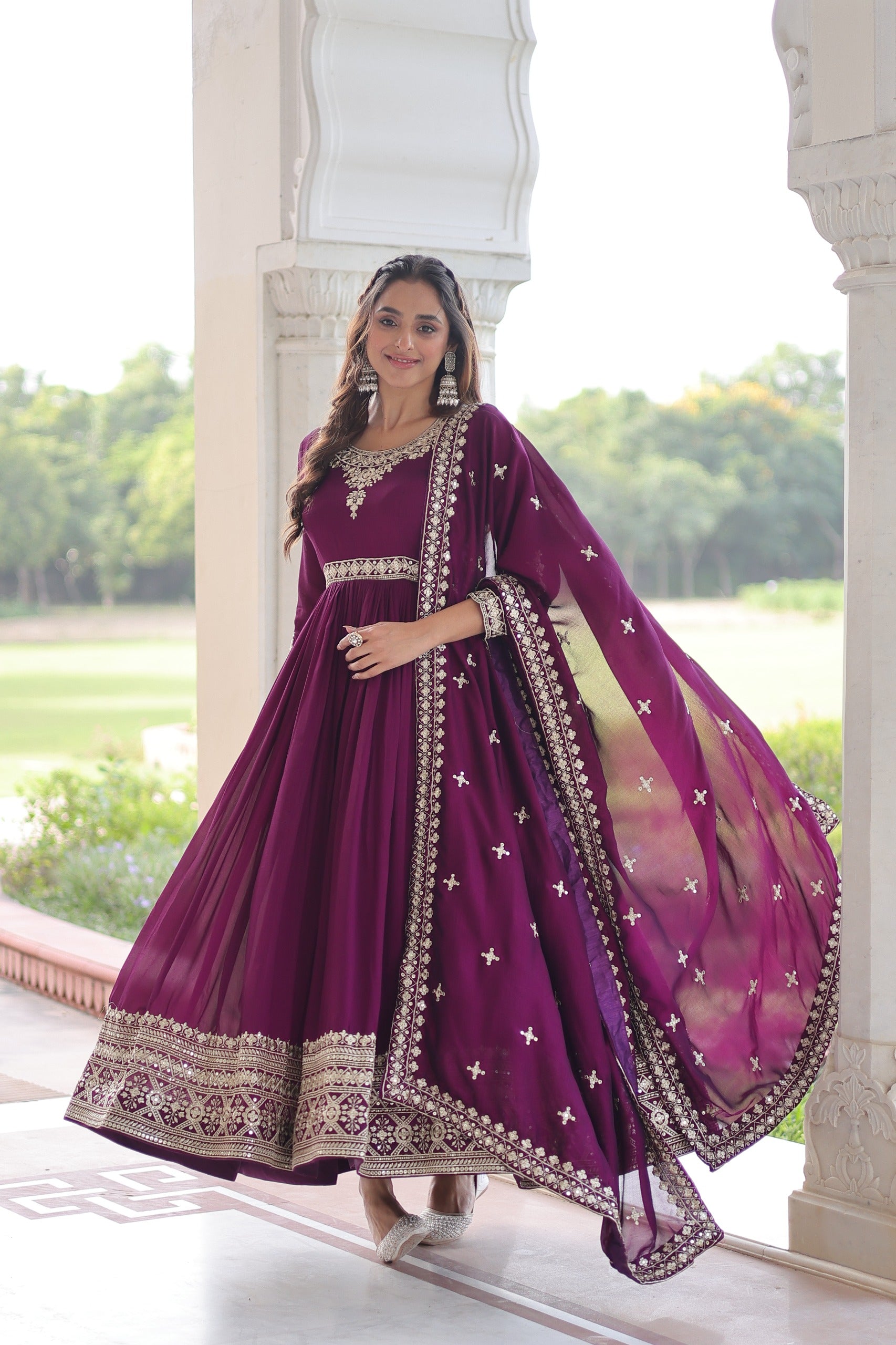 Prazu Fashion Purple Vichitra Silk With Rich Sequins Embroidered Gown With Dupatta - Distacart