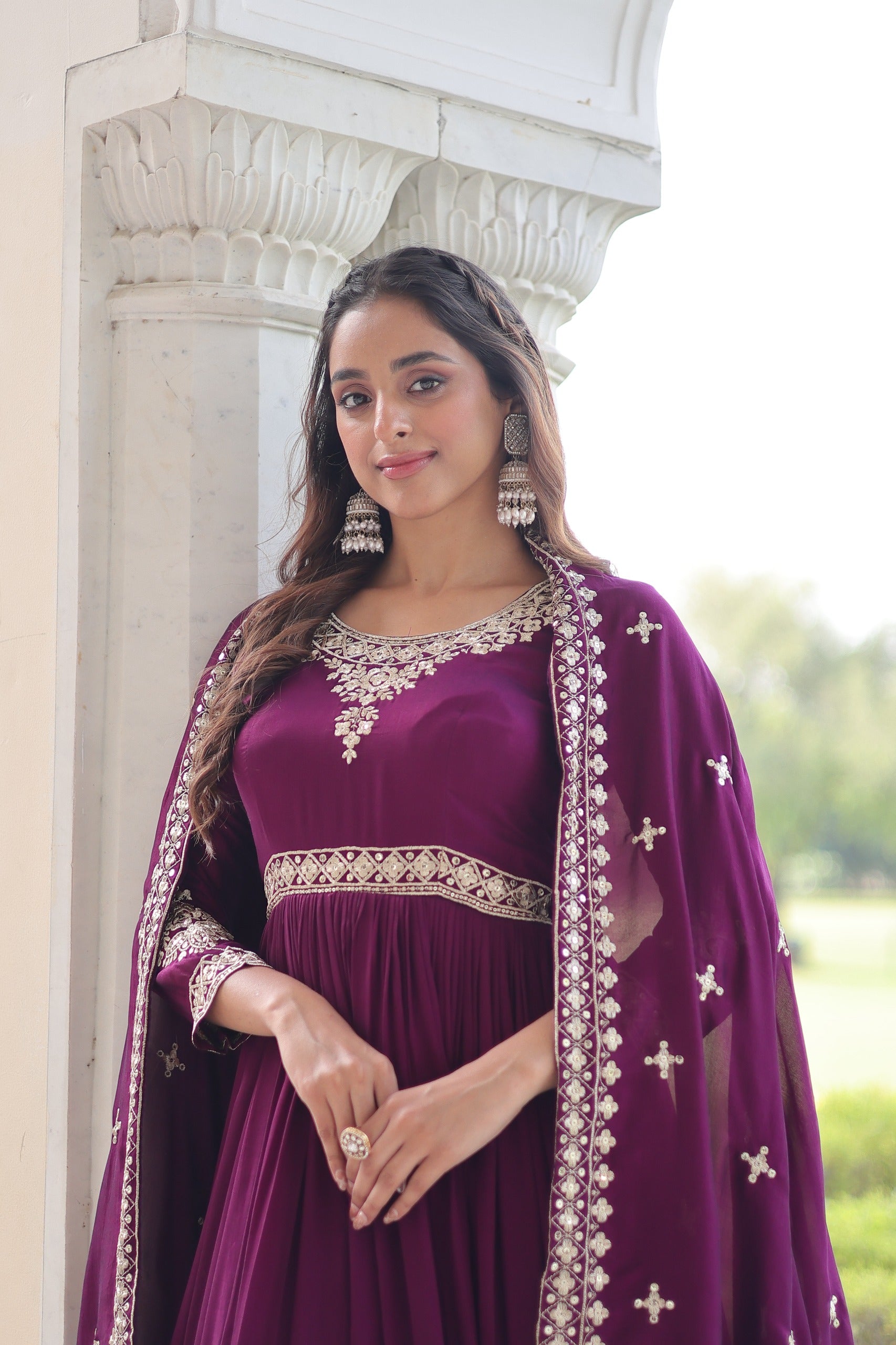 Prazu Fashion Purple Vichitra Silk With Rich Sequins Embroidered Gown With Dupatta - Distacart