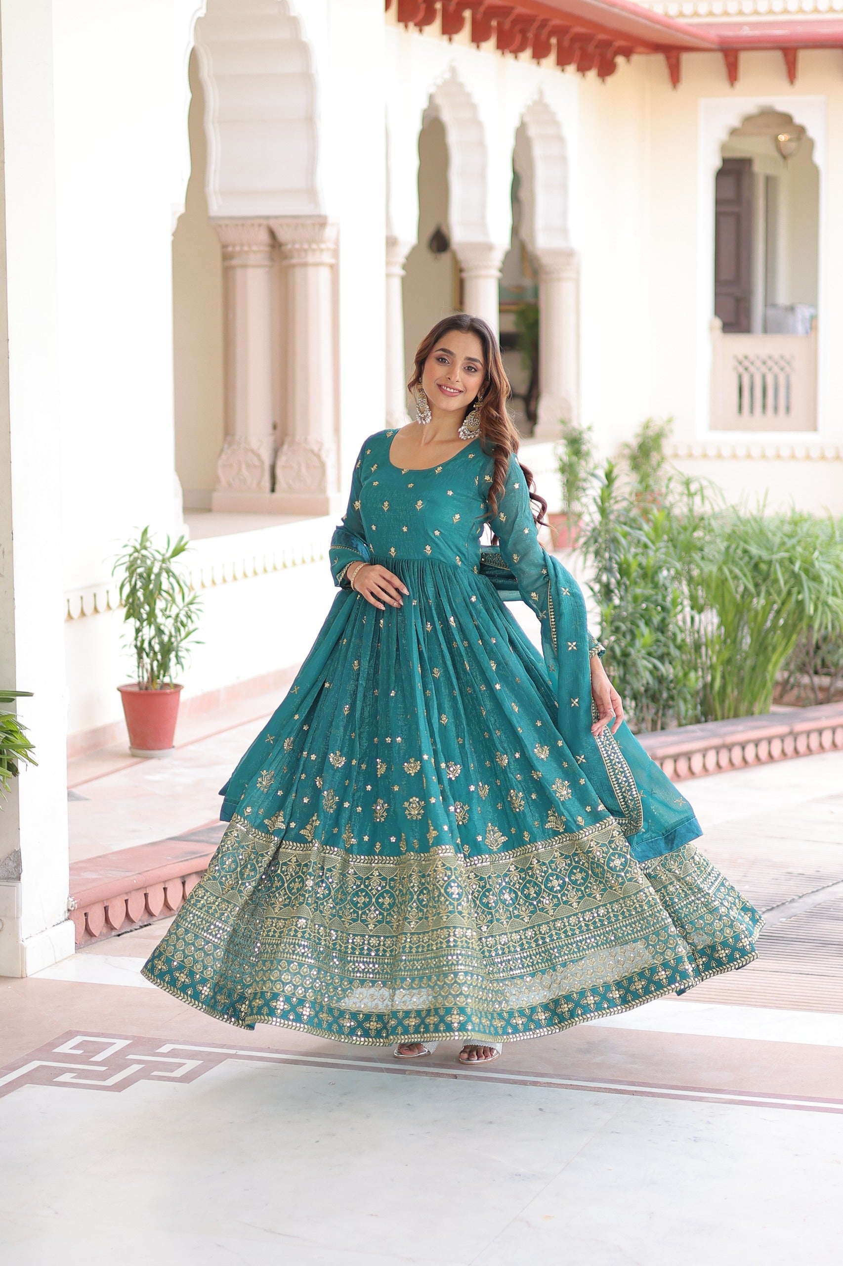 Prazu Fashion Teal Silver Crunchy With Rich Sequins Embroidered Gown With Dupatta - Distacart