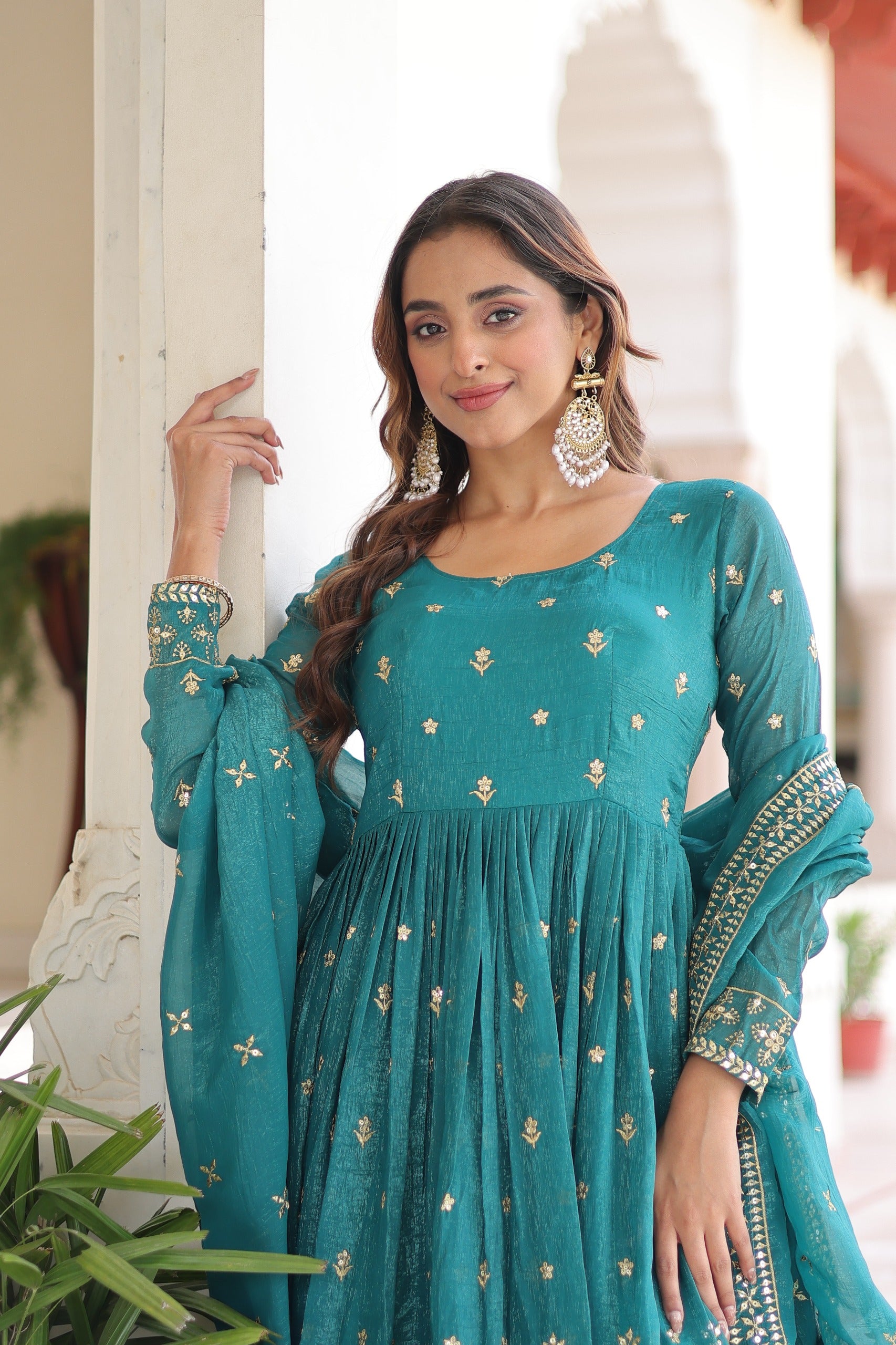 Prazu Fashion Teal Silver Crunchy With Rich Sequins Embroidered Gown With Dupatta - Distacart