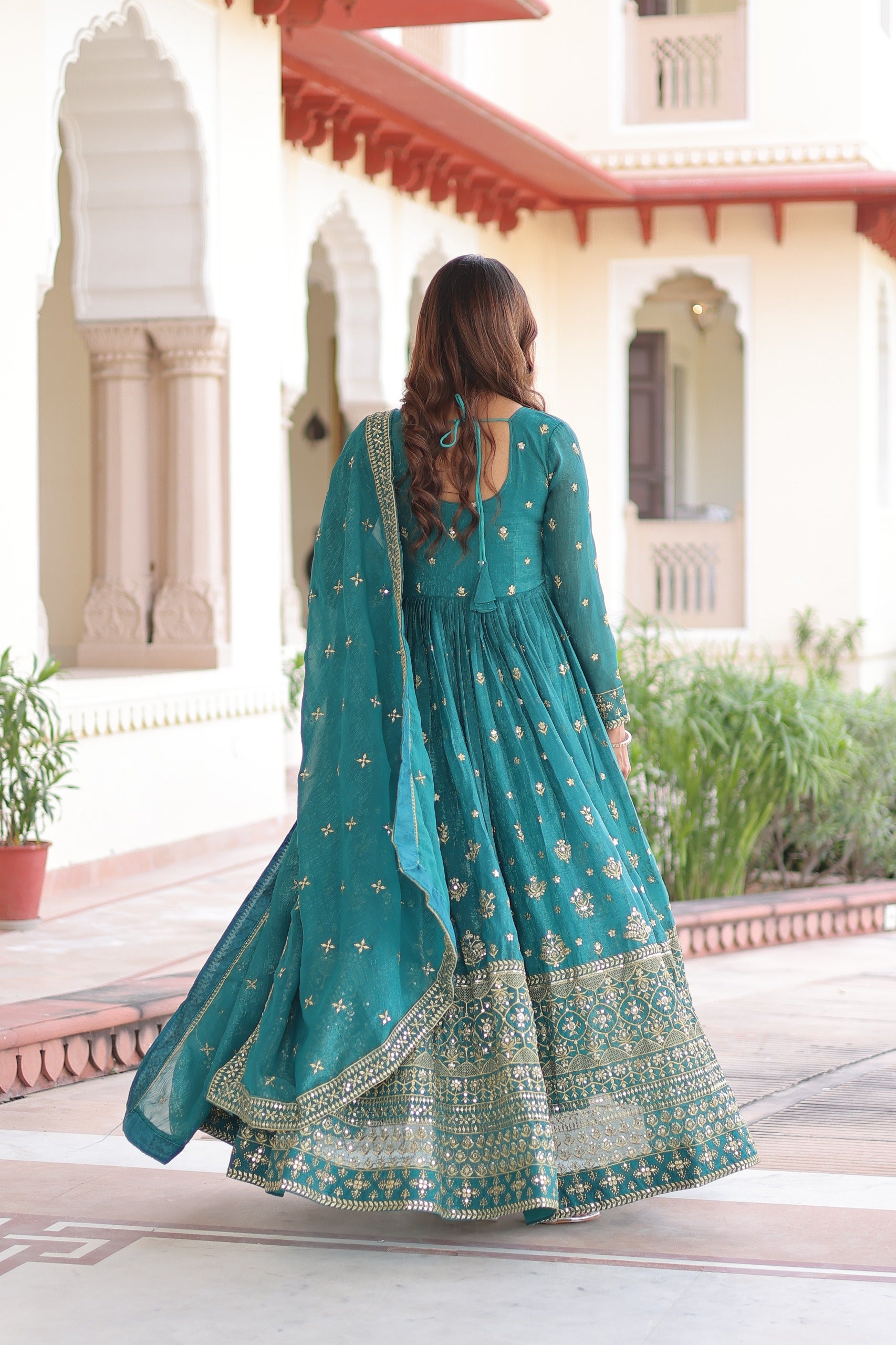 Prazu Fashion Teal Silver Crunchy With Rich Sequins Embroidered Gown With Dupatta - Distacart
