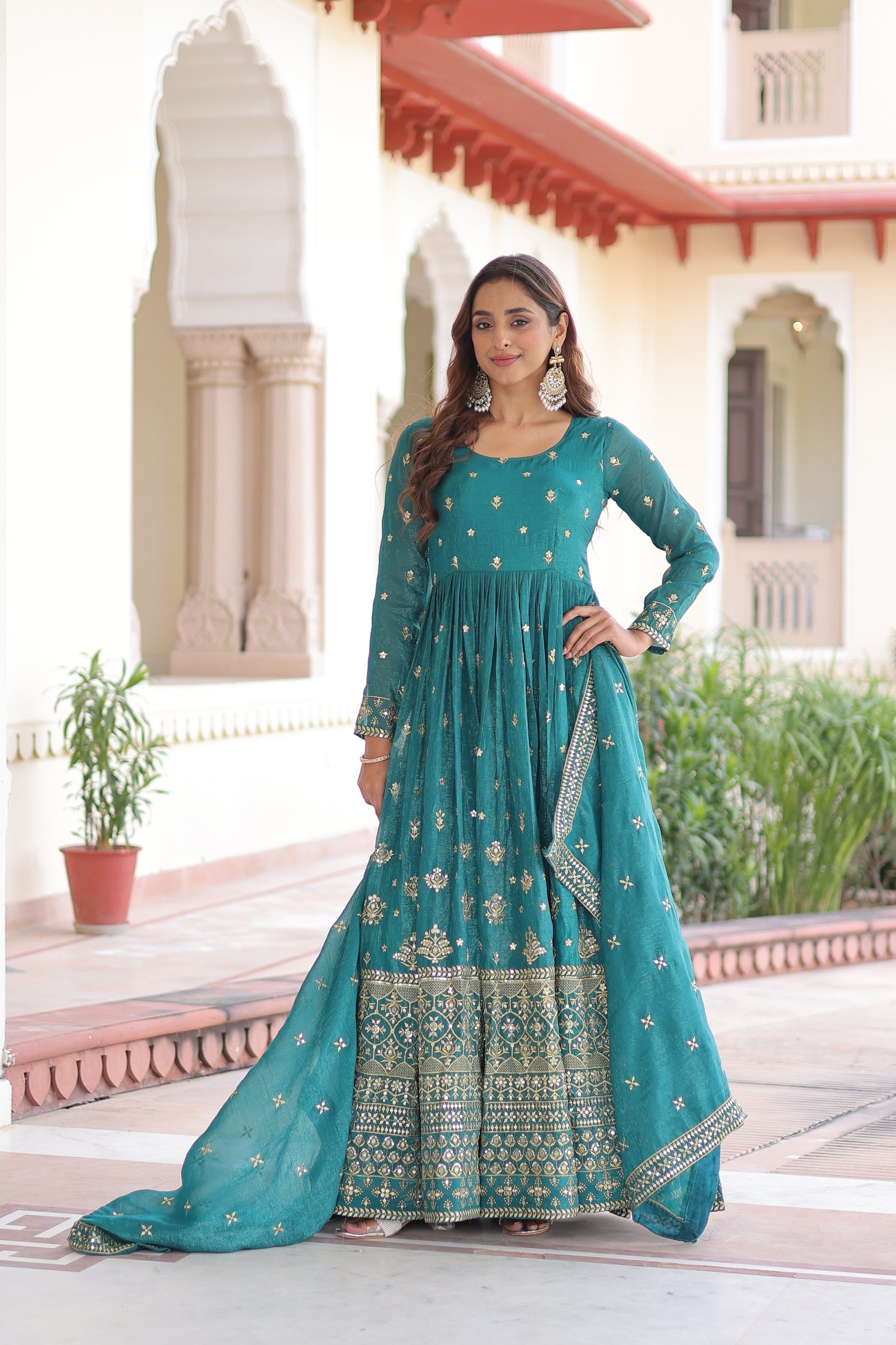 Prazu Fashion Teal Silver Crunchy With Rich Sequins Embroidered Gown With Dupatta - Distacart