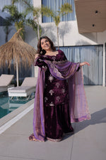 Thumbnail for Prazu Fashion Wine Velvet Rich Zari Embroidered Work Palazzo Suit - Distacart