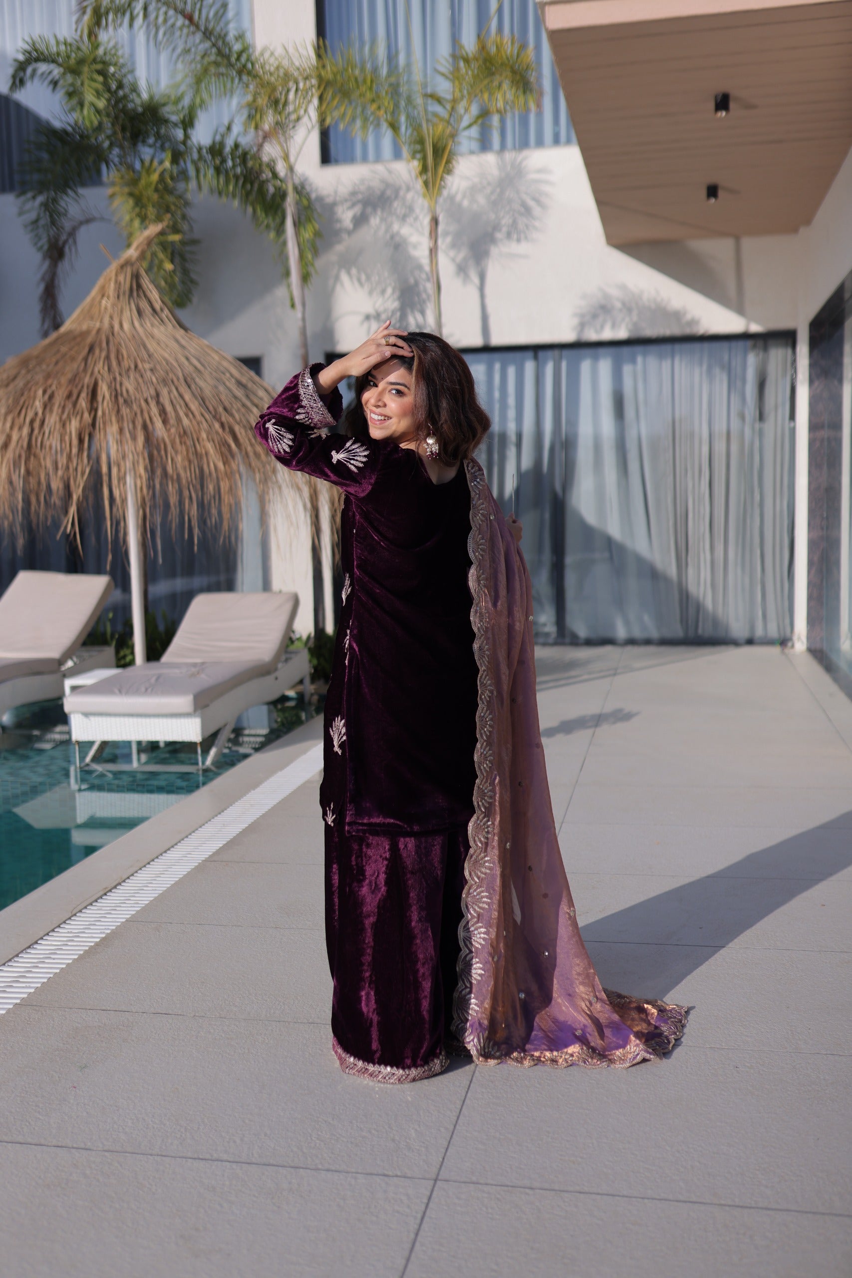 Prazu Fashion Wine Velvet Rich Zari Embroidered Work Palazzo Suit - Distacart