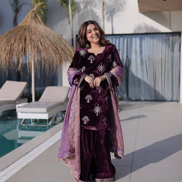 Prazu Fashion Wine Velvet Rich Zari Embroidered Work Palazzo Suit - Distacart