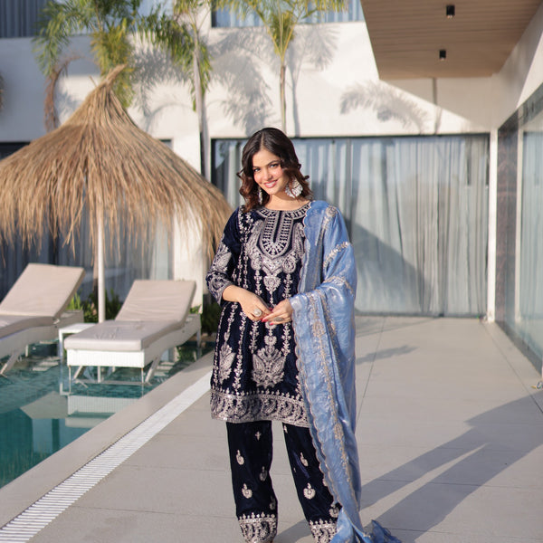 Prazu Fashion Navy Blue Velvet With Rich Zari Embroidered Work Salwar Suit - Distacart