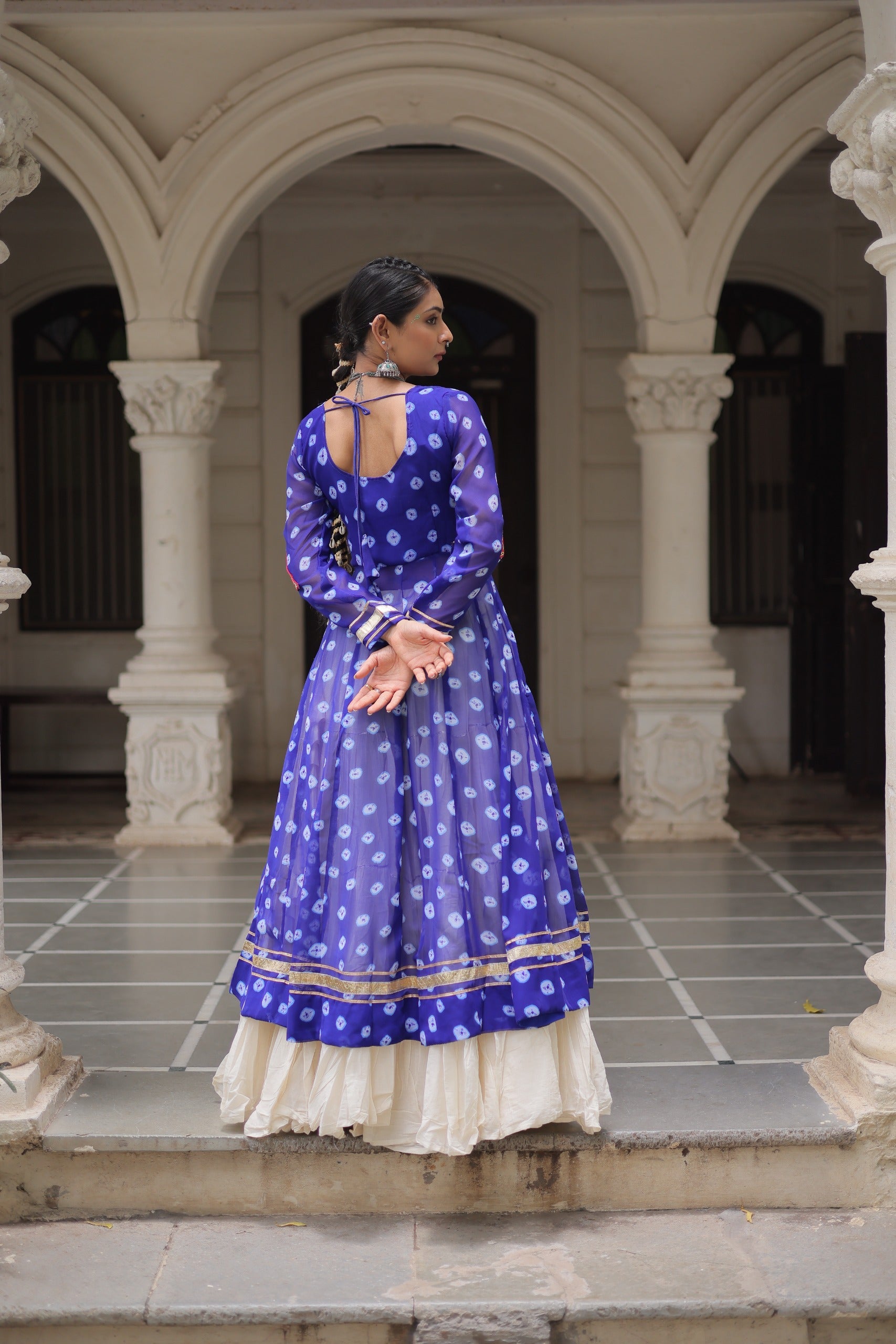 Prazu Fashion Blue Georgette Bandhani Print With Kutchi Patchwork Navratri Lehenga Kurti