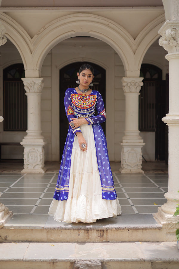 Prazu Fashion Blue Georgette Bandhani Print With Kutchi Patchwork Navratri Lehenga Kurti