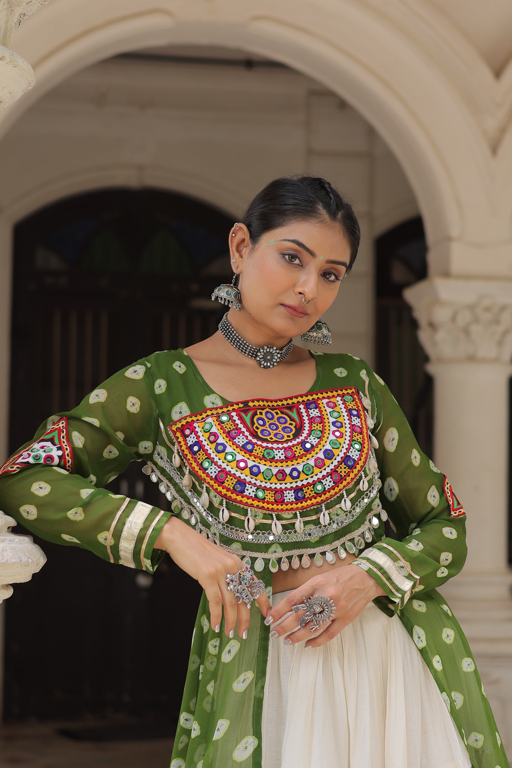 Prazu Fashion Mehendi Georgette Bandhani Print With Kutchi Patchwork Navratri Lehenga Kurti