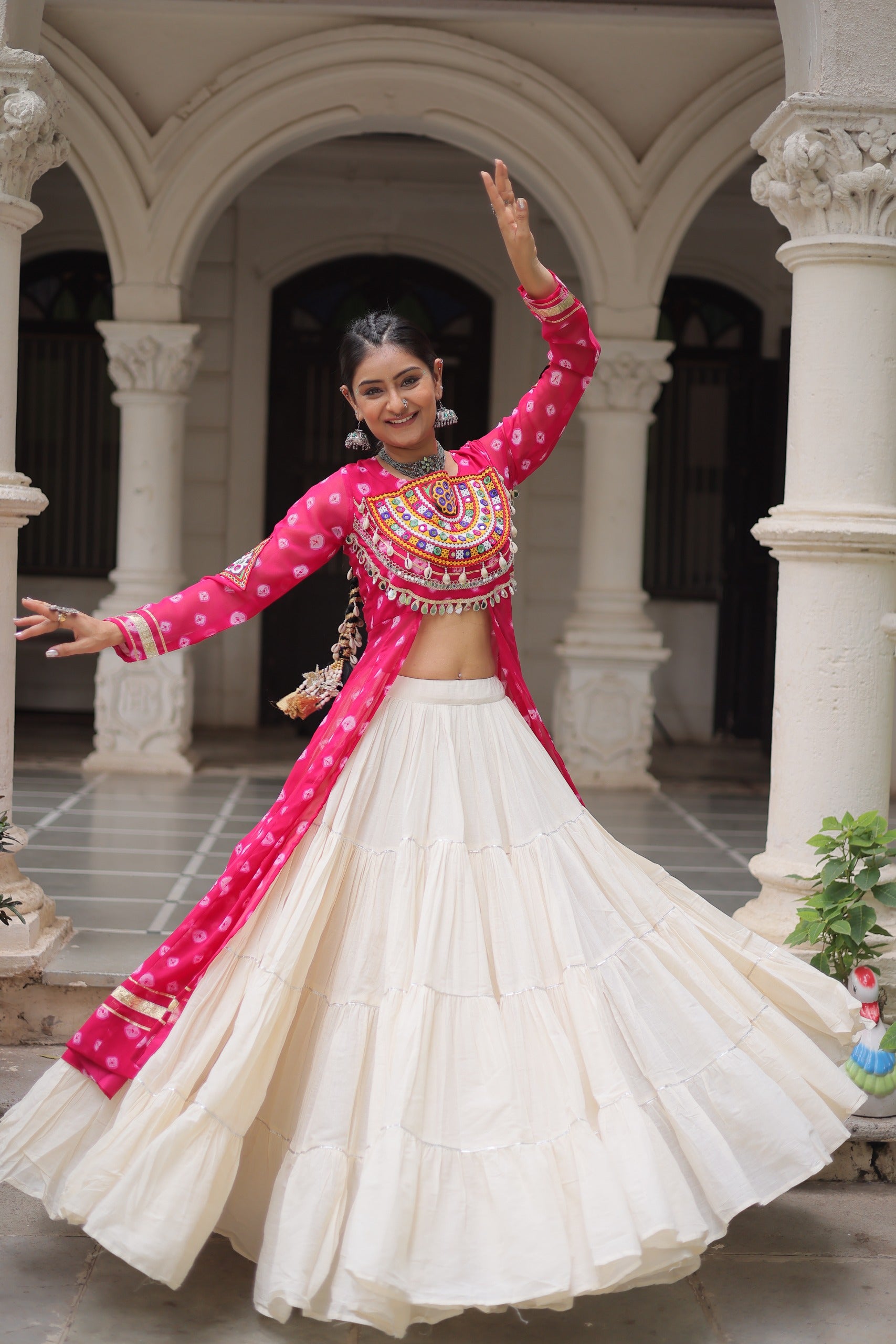 Prazu Fashion Pink Georgette Bandhani Print With Kutchi Patchwork Navratri Lehenga Kurti - Distacart