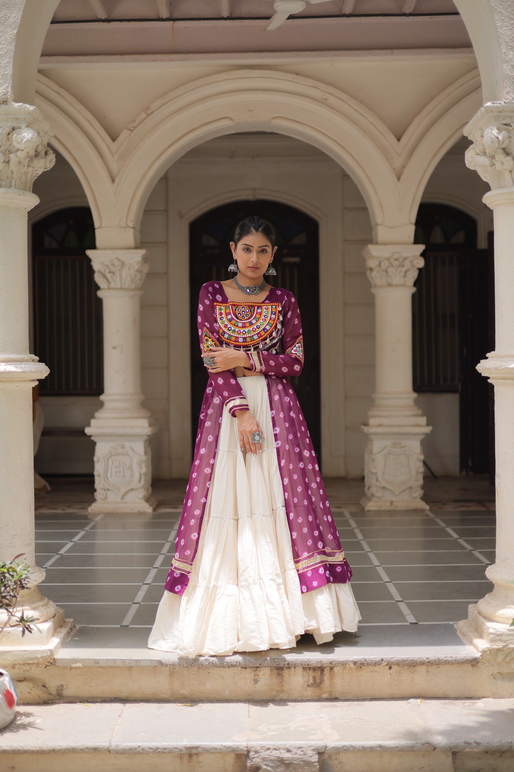 Prazu Fashion Wine Georgette Bandhani Print With Kutchi Patchwork Navratri Lehenga Kurti - Distacart