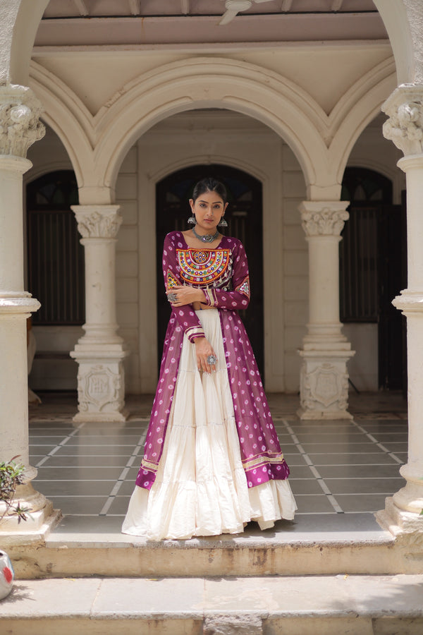 Prazu Fashion Wine Georgette Bandhani Print With Kutchi Patchwork Navratri Lehenga Kurti
