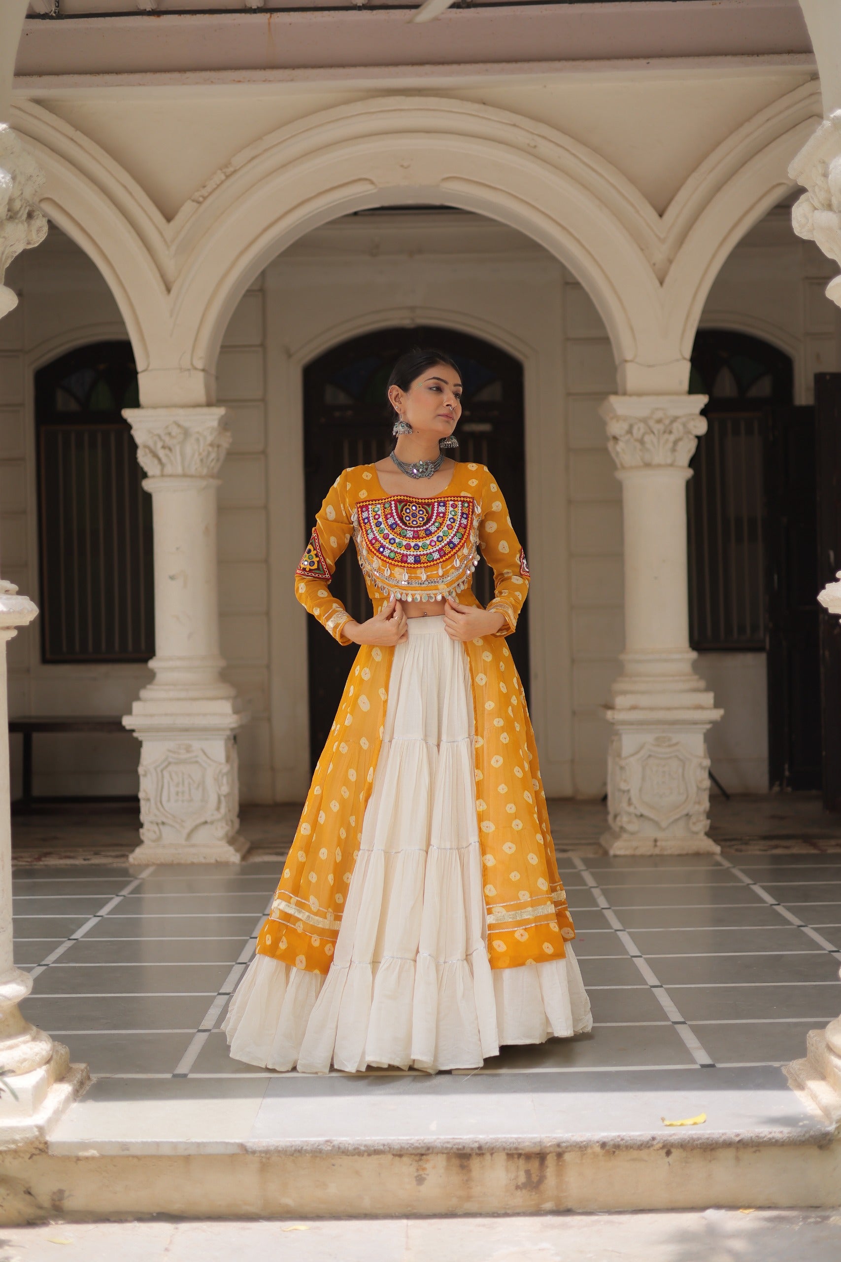 Prazu Fashion Yellow Georgette Bandhani Print With Kutchi Patchwork Navratri Lehenga Kurti - Distacart