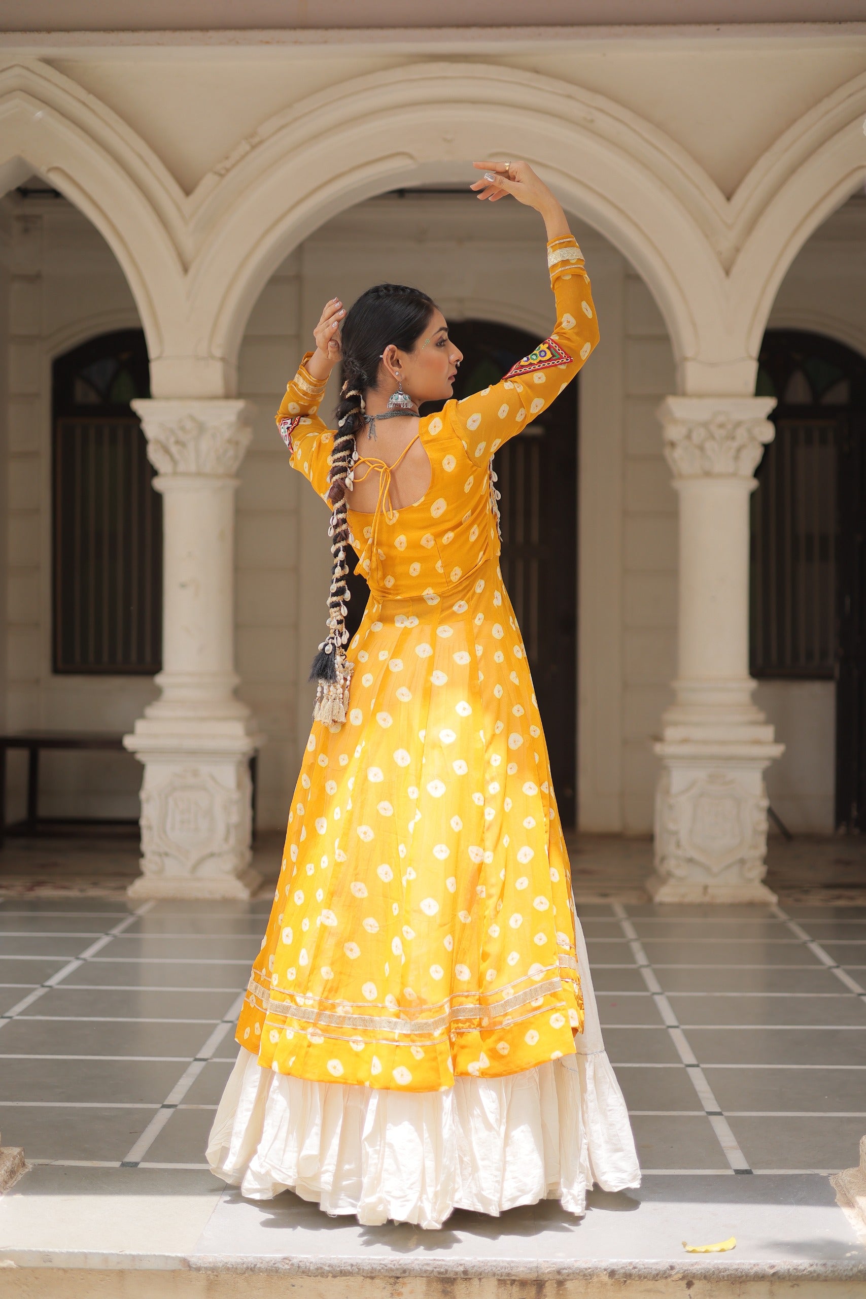 Prazu Fashion Yellow Georgette Bandhani Print With Kutchi Patchwork Navratri Lehenga Kurti