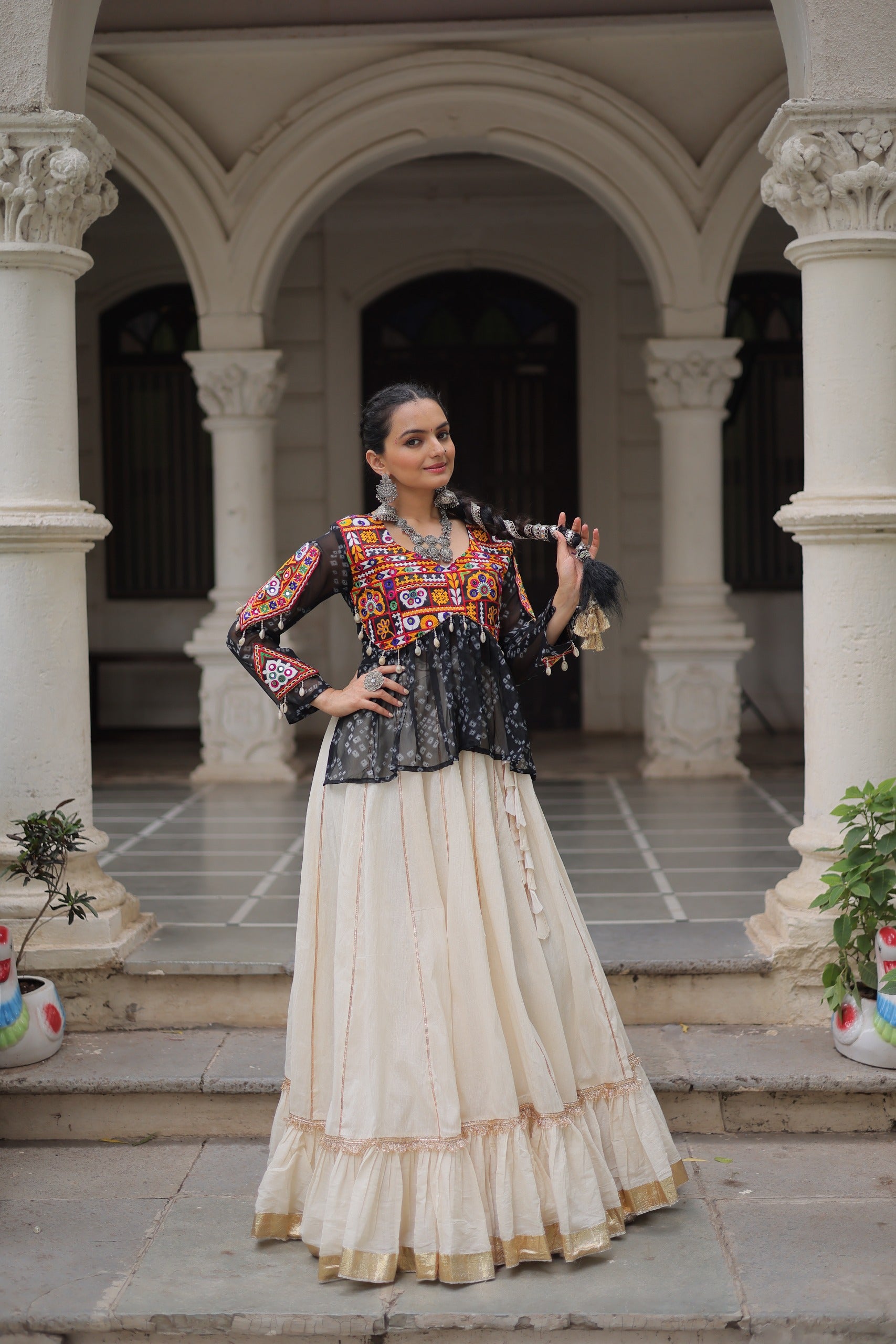 Prazu Fashion Black Georgette Bandhani Print With Kutchi Gamthi Navratri Lehenga - Distacart