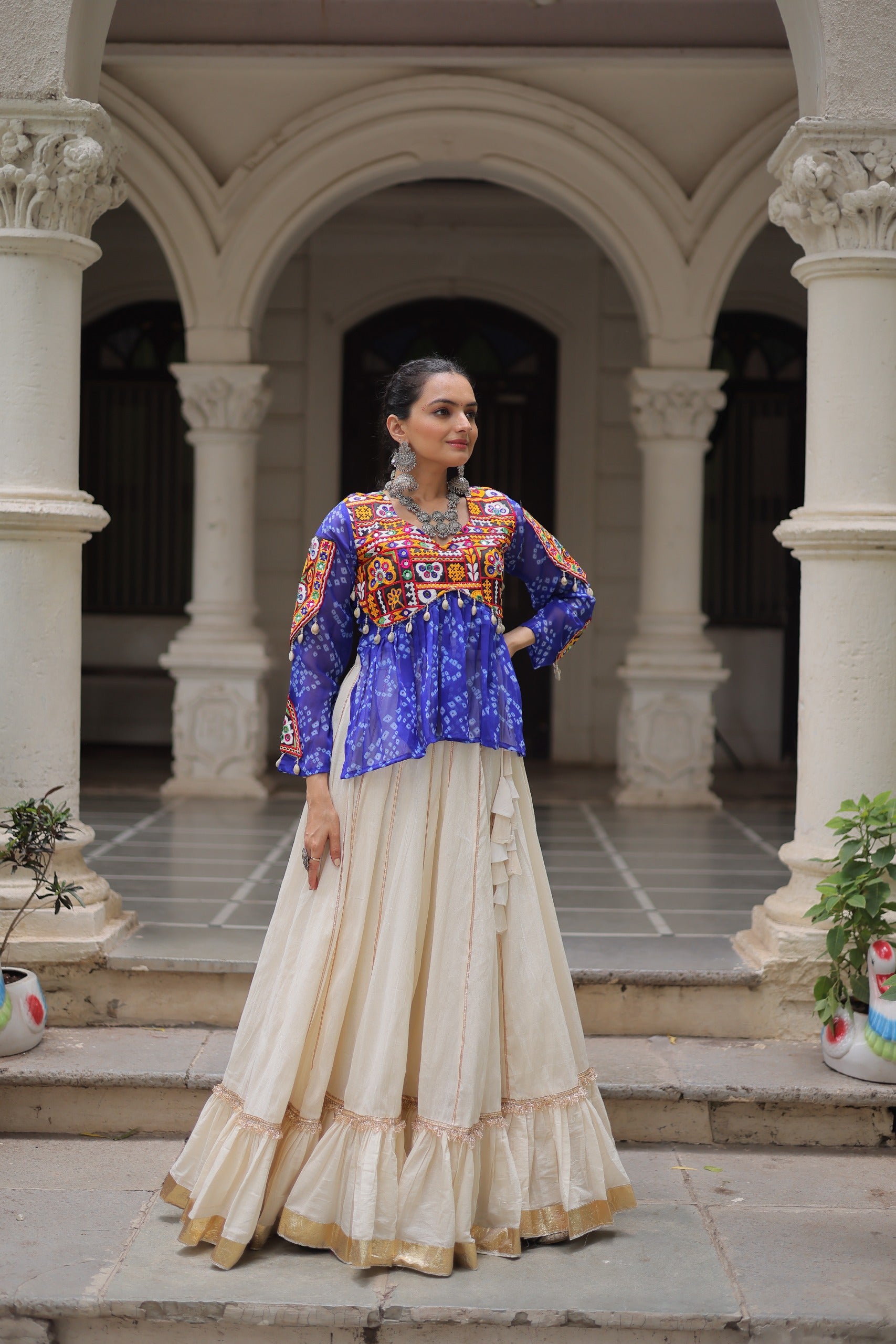 Prazu Fashion Blue Georgette Bandhani Print With Kutchi Gamthi Navratri Lehenga - Distacart