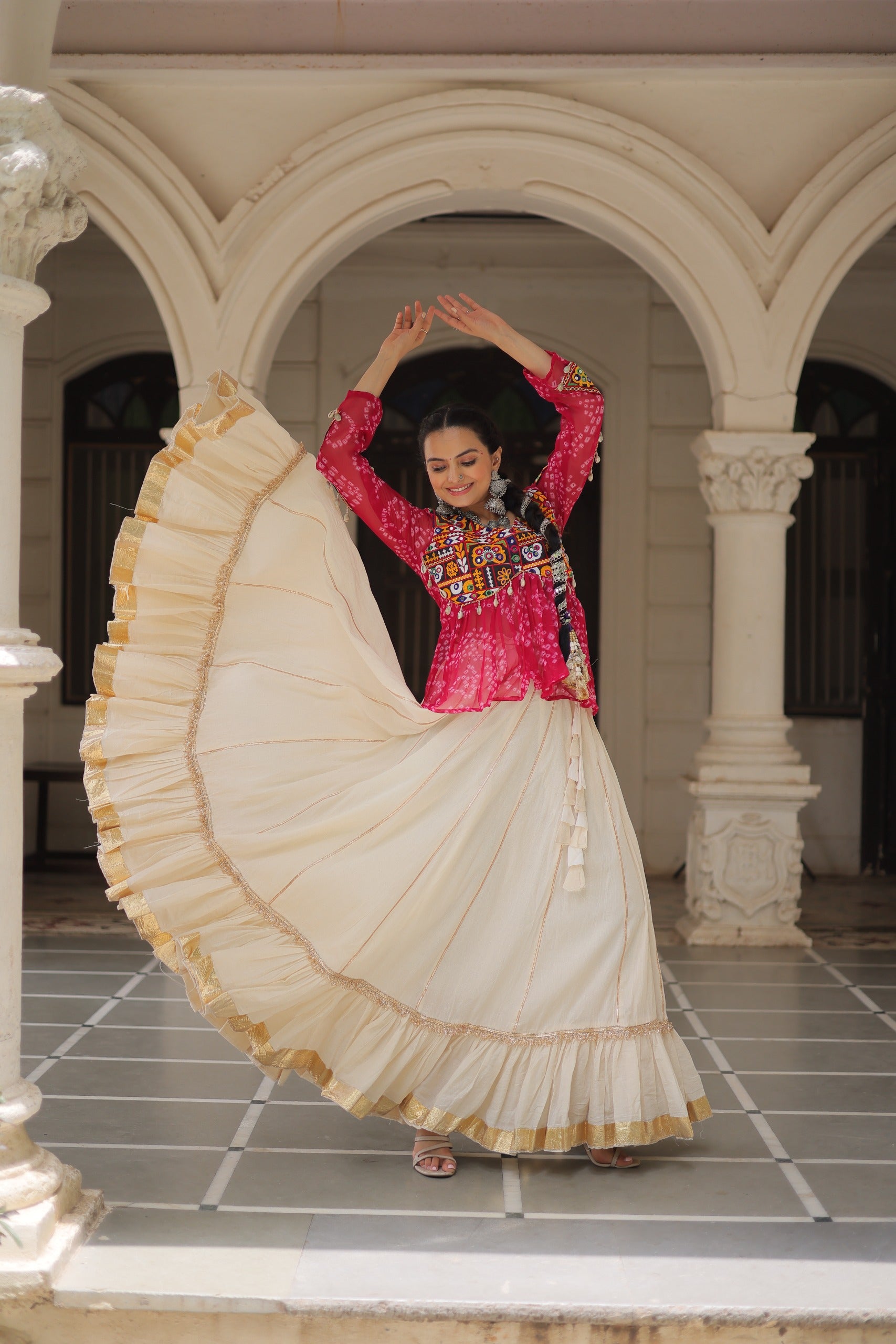 Prazu Fashion Pink Georgette Bandhani Print With Kutchi Gamthi Navratri Lehenga - Distacart