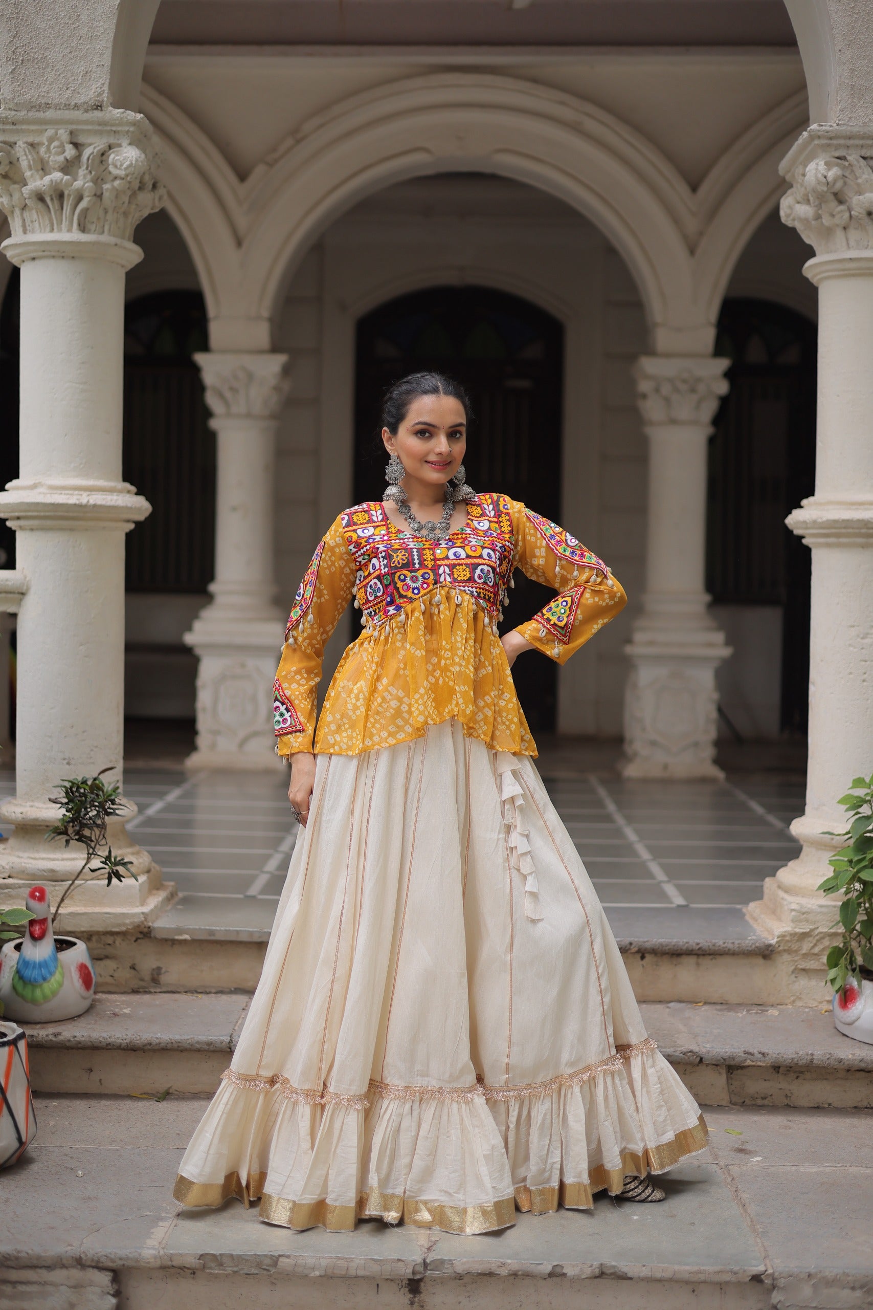 Prazu Fashion Yellow Georgette Bandhani Print With Kutchi Gamthi Navratri Lehenga - Distacart