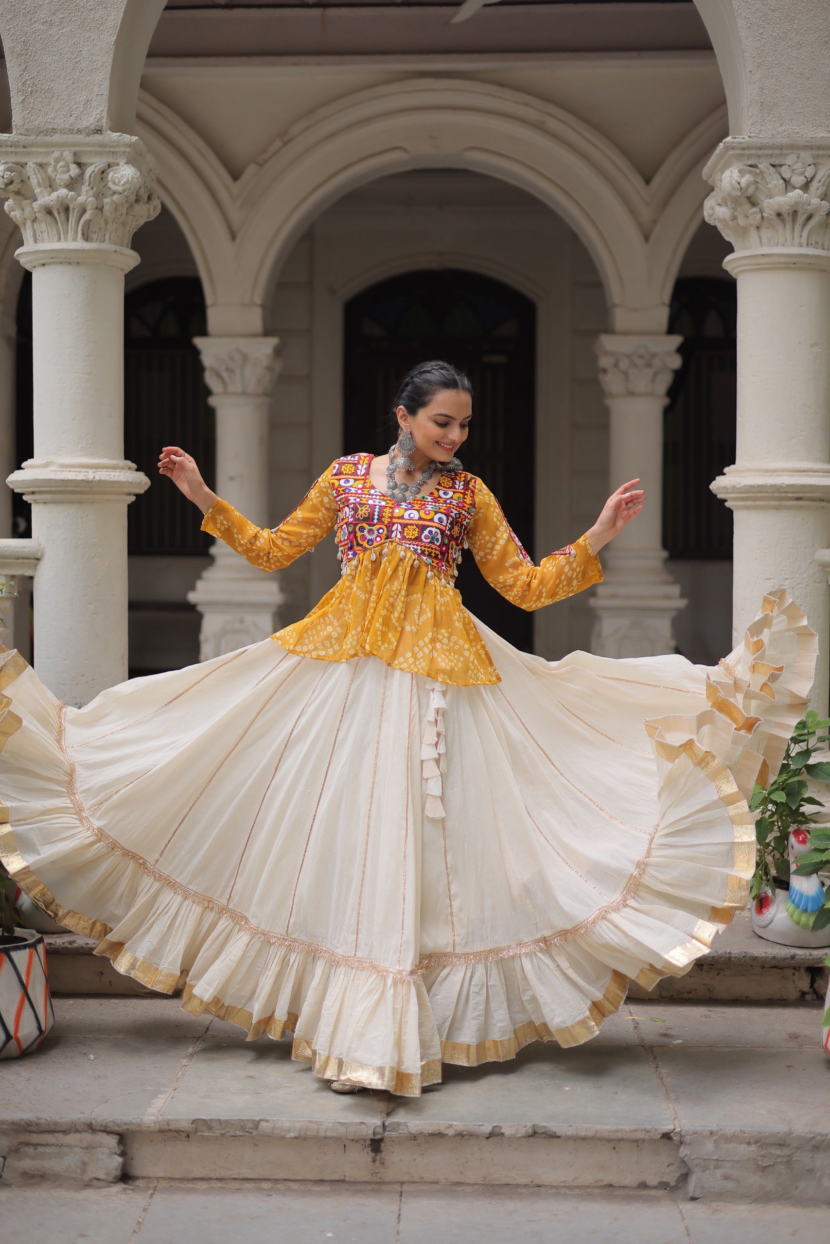 Prazu Fashion Yellow Georgette Bandhani Print With Kutchi Gamthi Navratri Lehenga