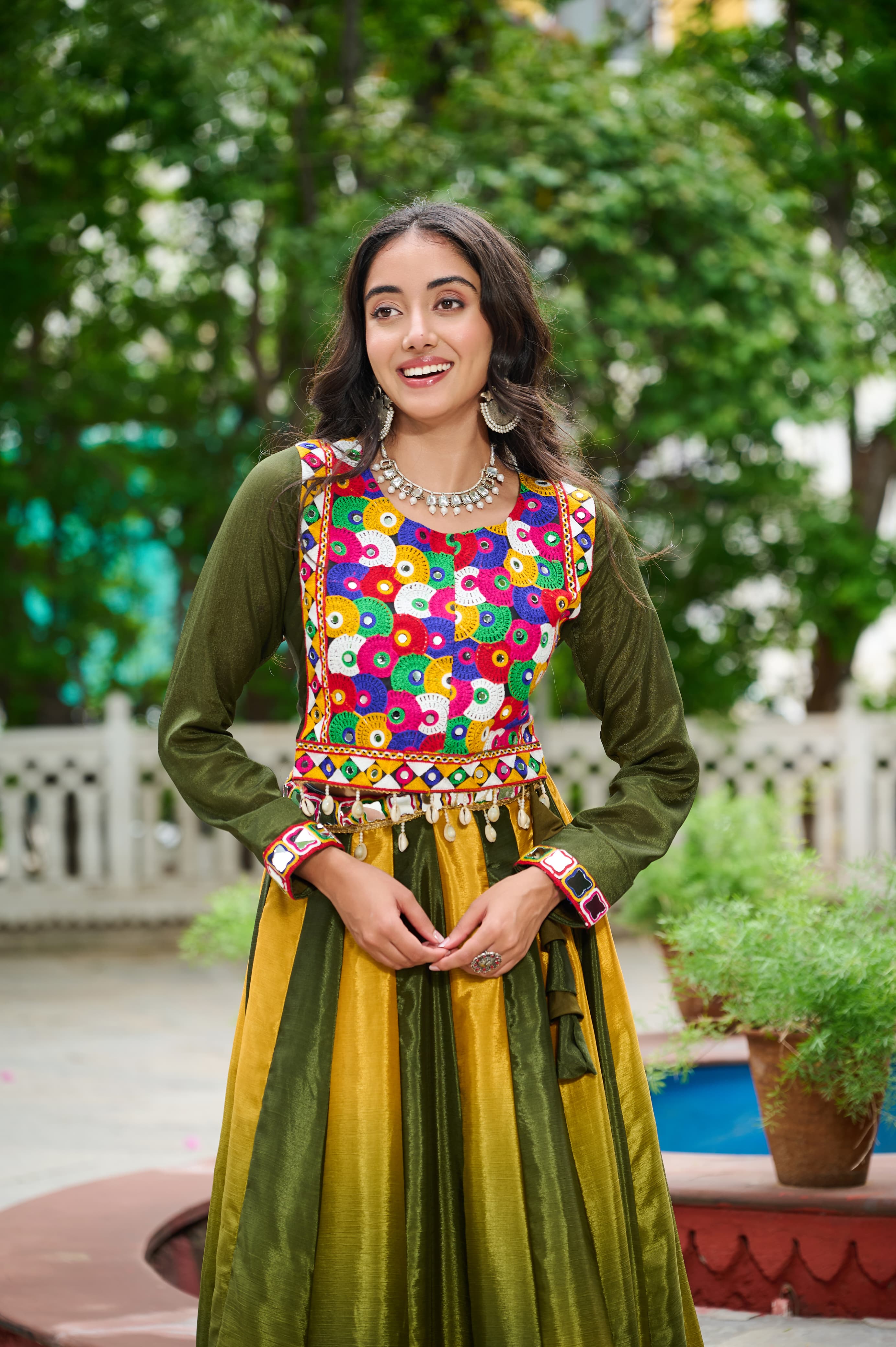 Prazu Fashion Multicolor Chinnon Padding Kutchi Gamthi Embroidered Work Navratri Lehenga