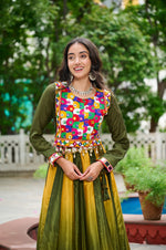 Thumbnail for Prazu Fashion Multicolor Chinnon Padding Kutchi Gamthi Embroidered Work Navratri Lehenga