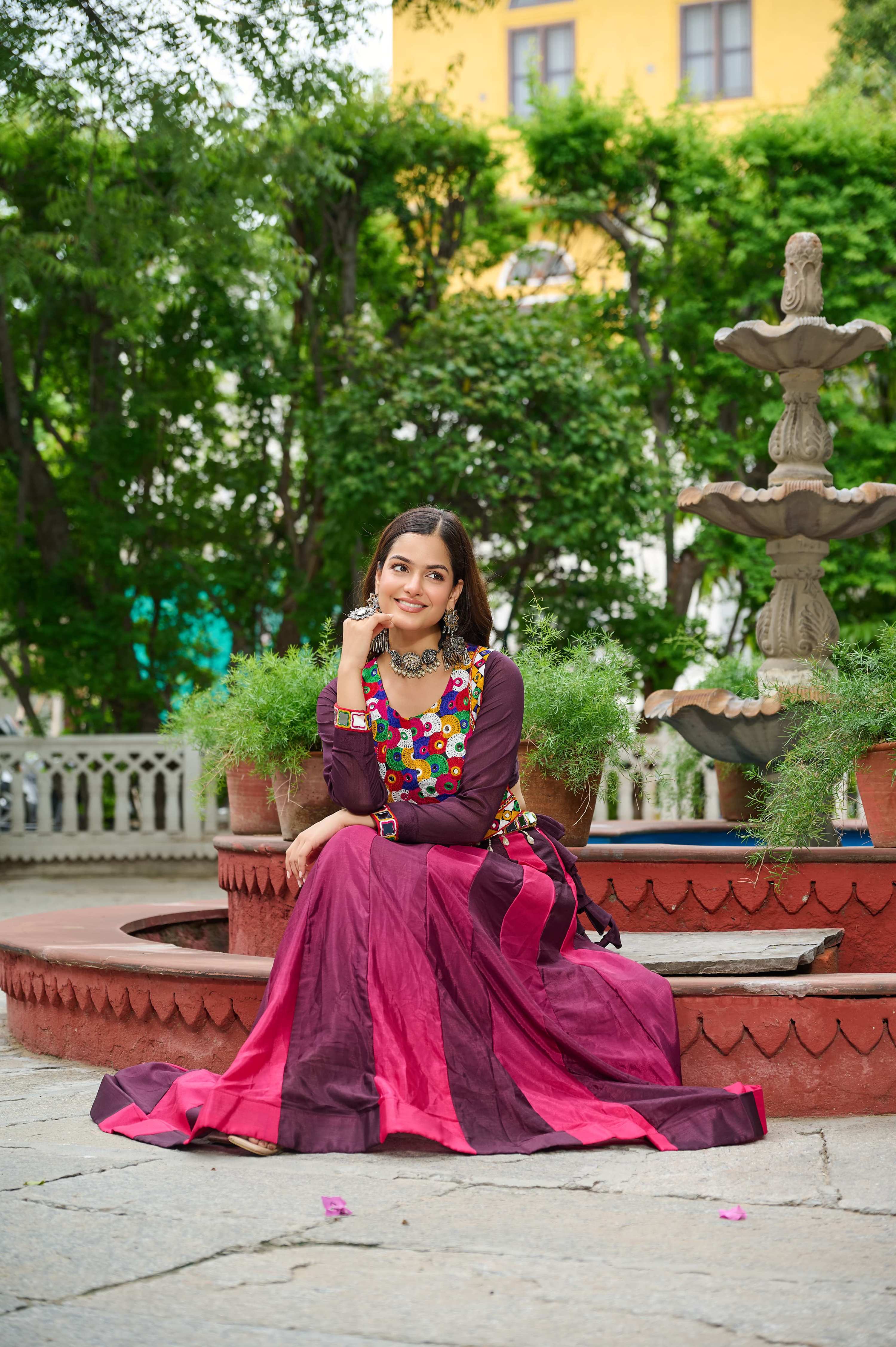 Prazu Fashion Multicolor Chinnon Pedding Kutchi Gamthi Embroidered Work Navratri Lehenga