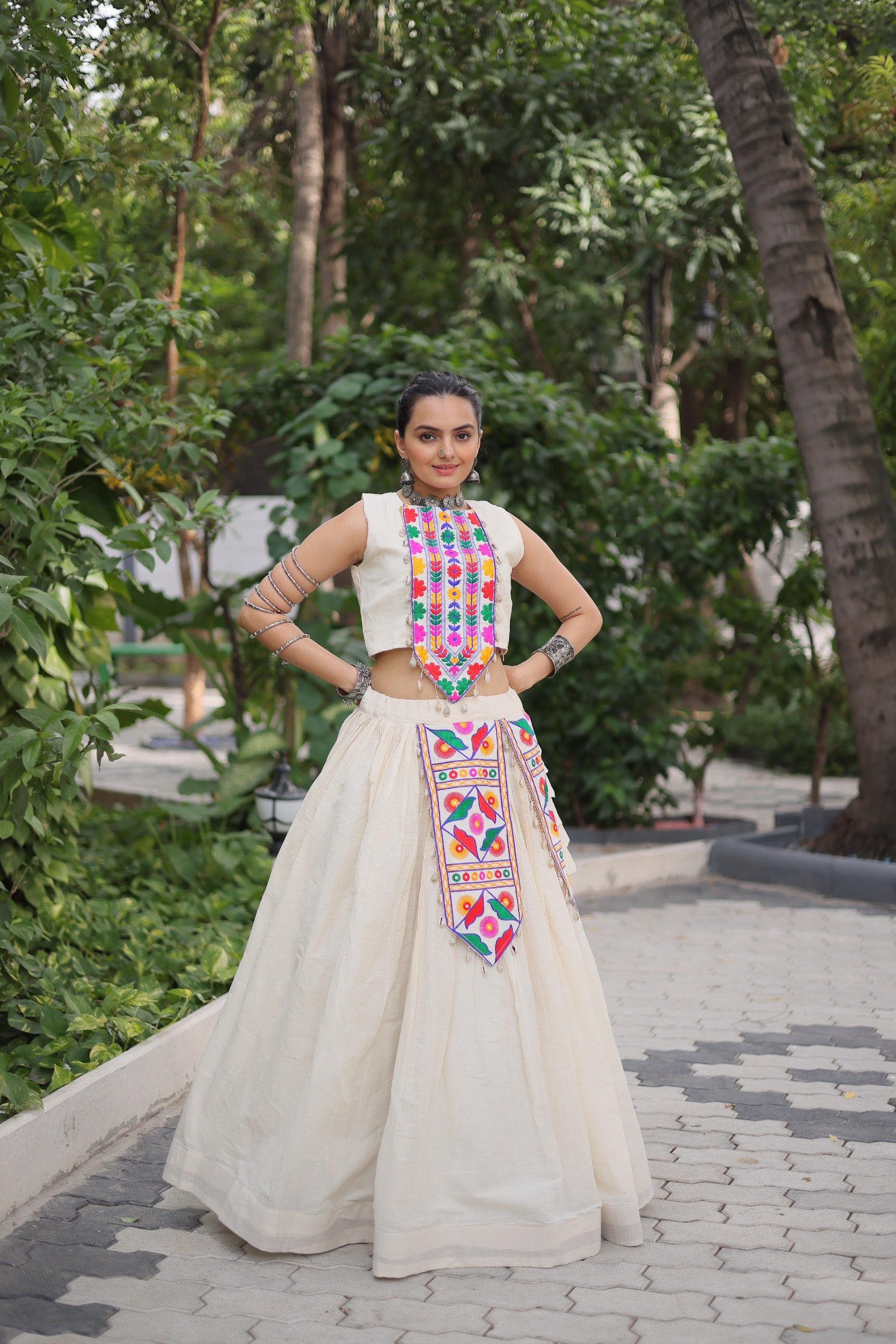 Prazu Fashion Off White Kora Cotton With Kutchi Gamthi Work Lehenga For Navratri - Distacart