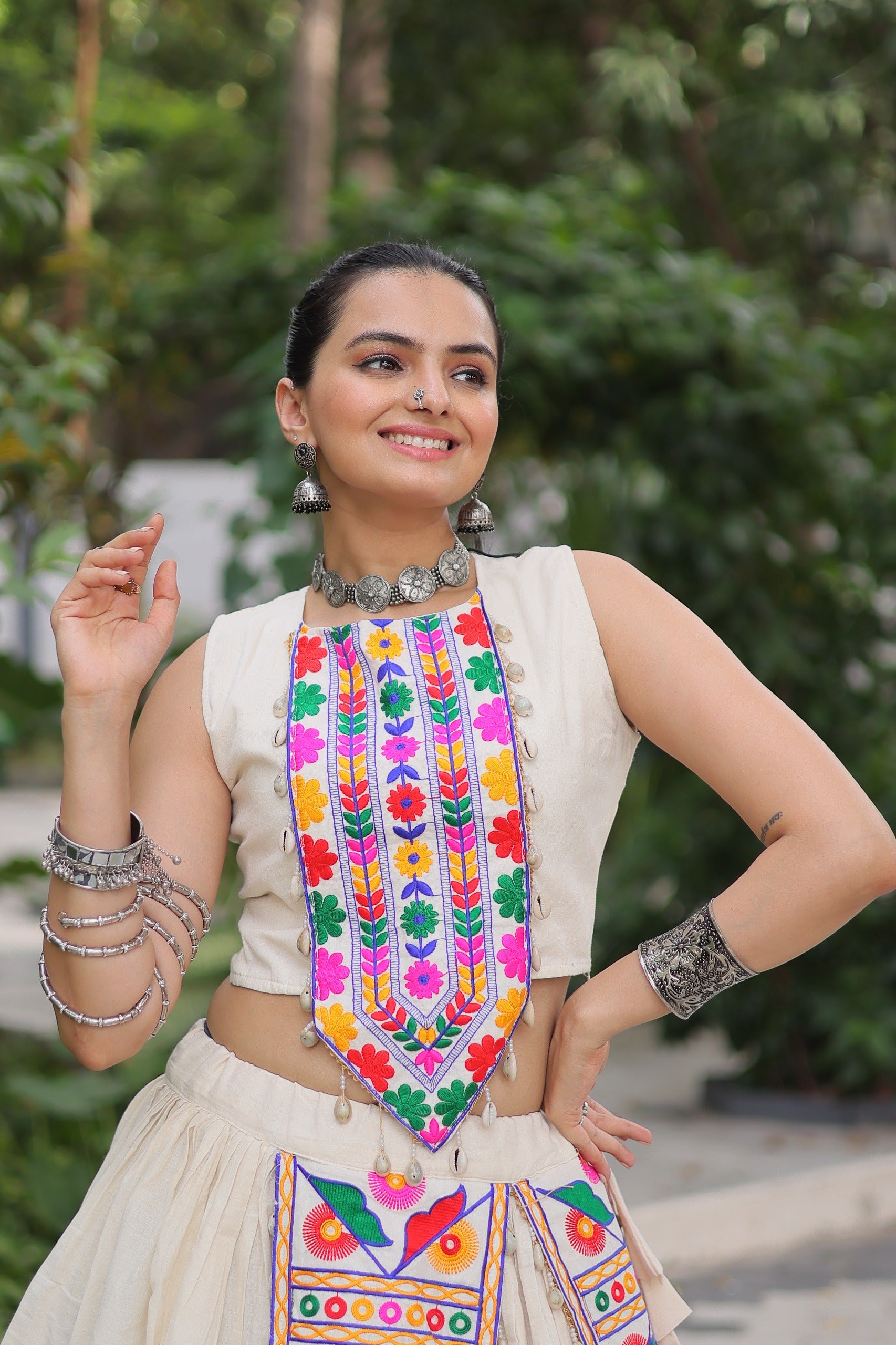 Prazu Fashion Off White Kora Cotton With Kutchi Gamthi Work Lehenga For Navratri