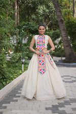 Thumbnail for Prazu Fashion Off White Kora Cotton With Kutchi Gamthi Work Lehenga For Navratri