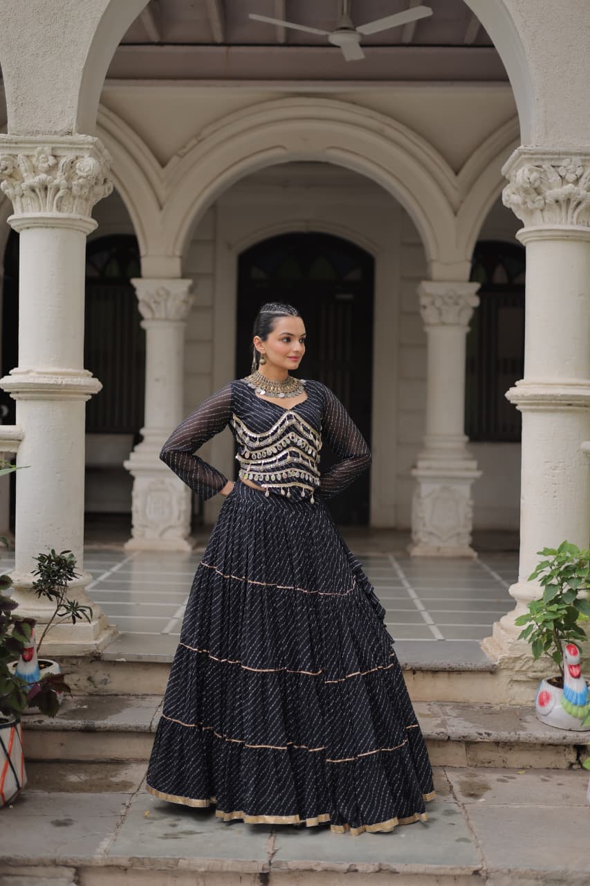 Prazu Fashion Black Georgette Leheriya Print Work With Mirror Lace Navratri Lehenga - Distacart