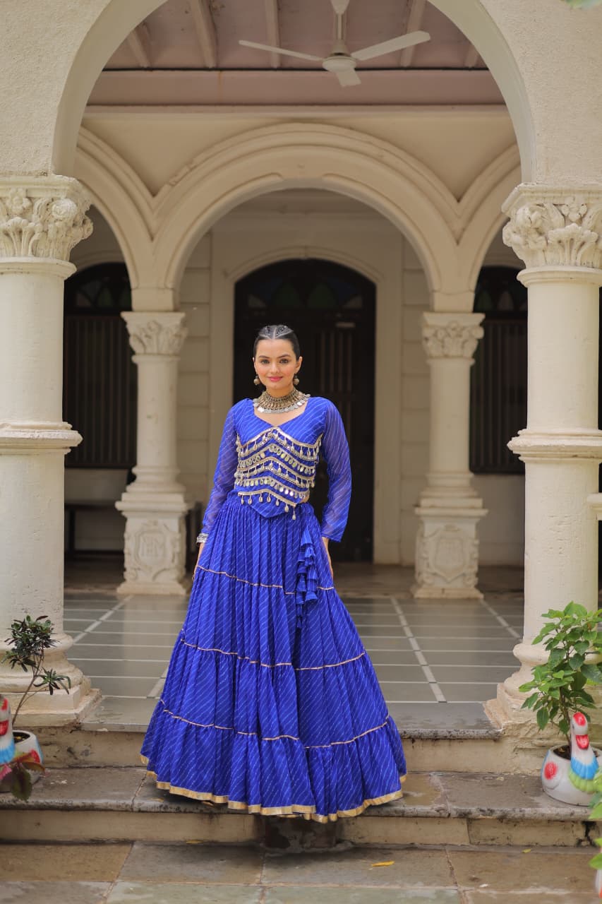 Prazu Fashion Blue Georgette Leheriya Print Work With Mirror Lace Navratri Lehenga - Distacart