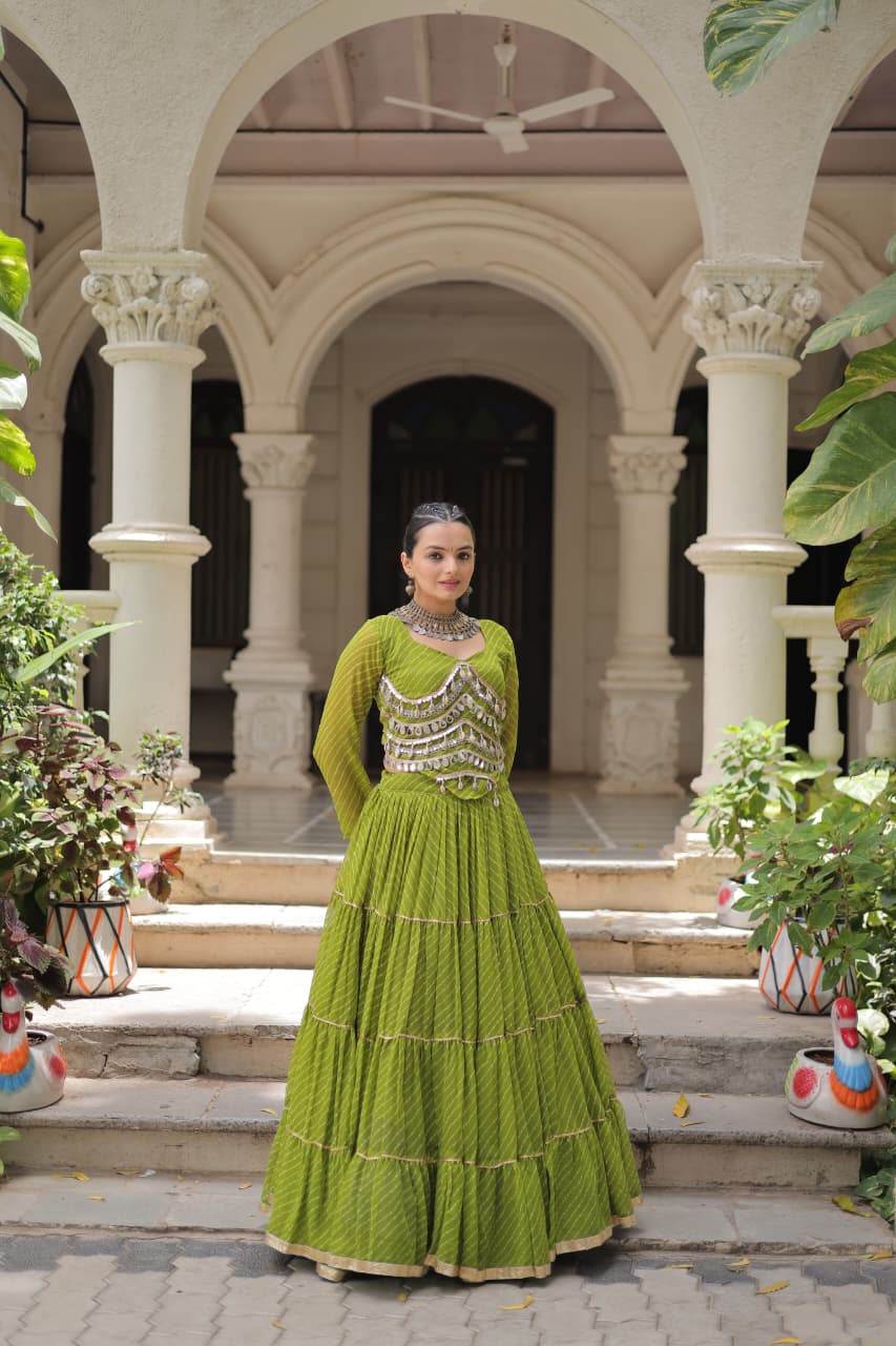 Prazu Fashion Mehendi Georgette Leheriya Print Work With Mirror Lace Navratri Lehenga - Distacart