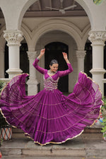 Thumbnail for Prazu Fashion Purple Georgette Leheriya Print Work With Mirror Lace Navratri Lehenga