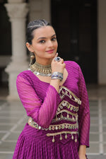 Thumbnail for Prazu Fashion Purple Georgette Leheriya Print Work With Mirror Lace Navratri Lehenga