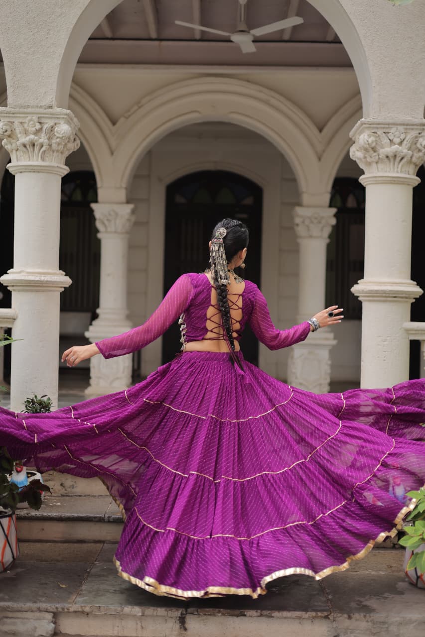 Prazu Fashion Purple Georgette Leheriya Print Work With Mirror Lace Navratri Lehenga