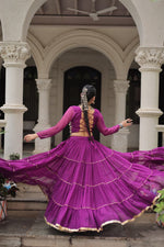 Thumbnail for Prazu Fashion Purple Georgette Leheriya Print Work With Mirror Lace Navratri Lehenga