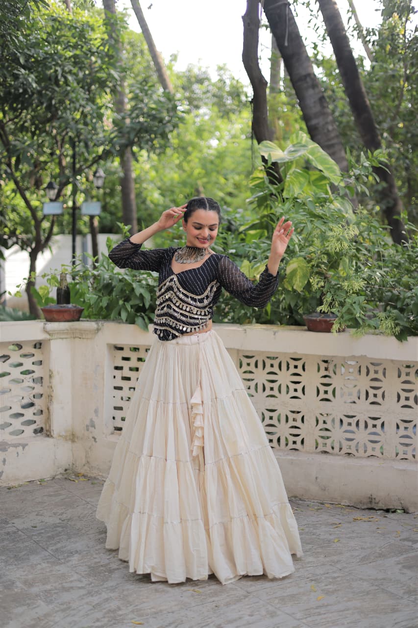Prazu Fashion Black Georgette Leheriya Print With Attractive Mirror Lace Navaratri Lehenga - Distacart