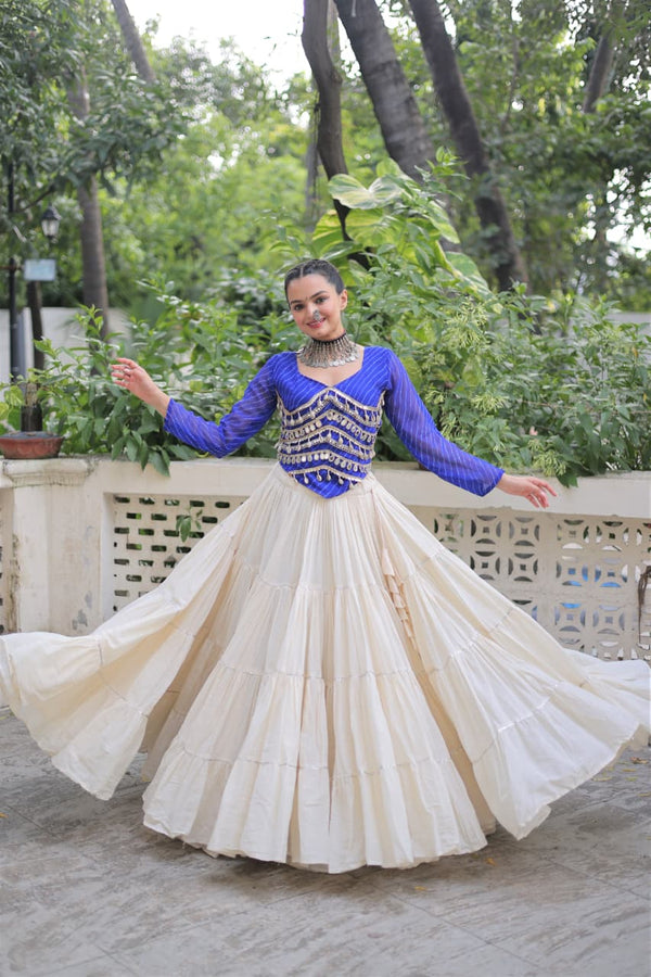 Prazu Fashion Blue Georgette Leheriya Print With Attractive Mirror Lace Navaratri Lehenga