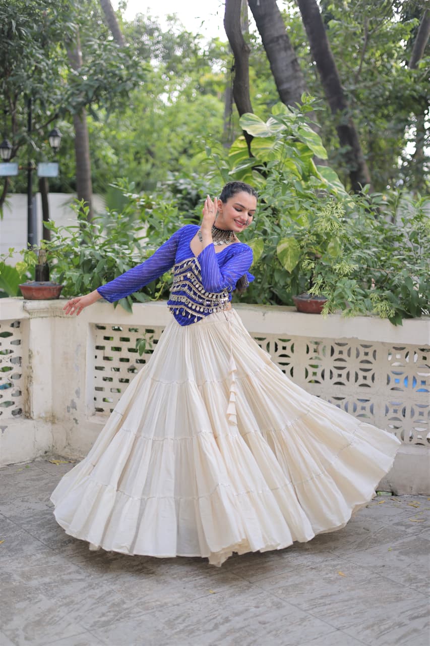 Prazu Fashion Blue Georgette Leheriya Print With Attractive Mirror Lace Navaratri Lehenga