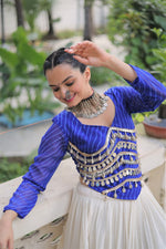 Thumbnail for Prazu Fashion Blue Georgette Leheriya Print With Attractive Mirror Lace Navaratri Lehenga