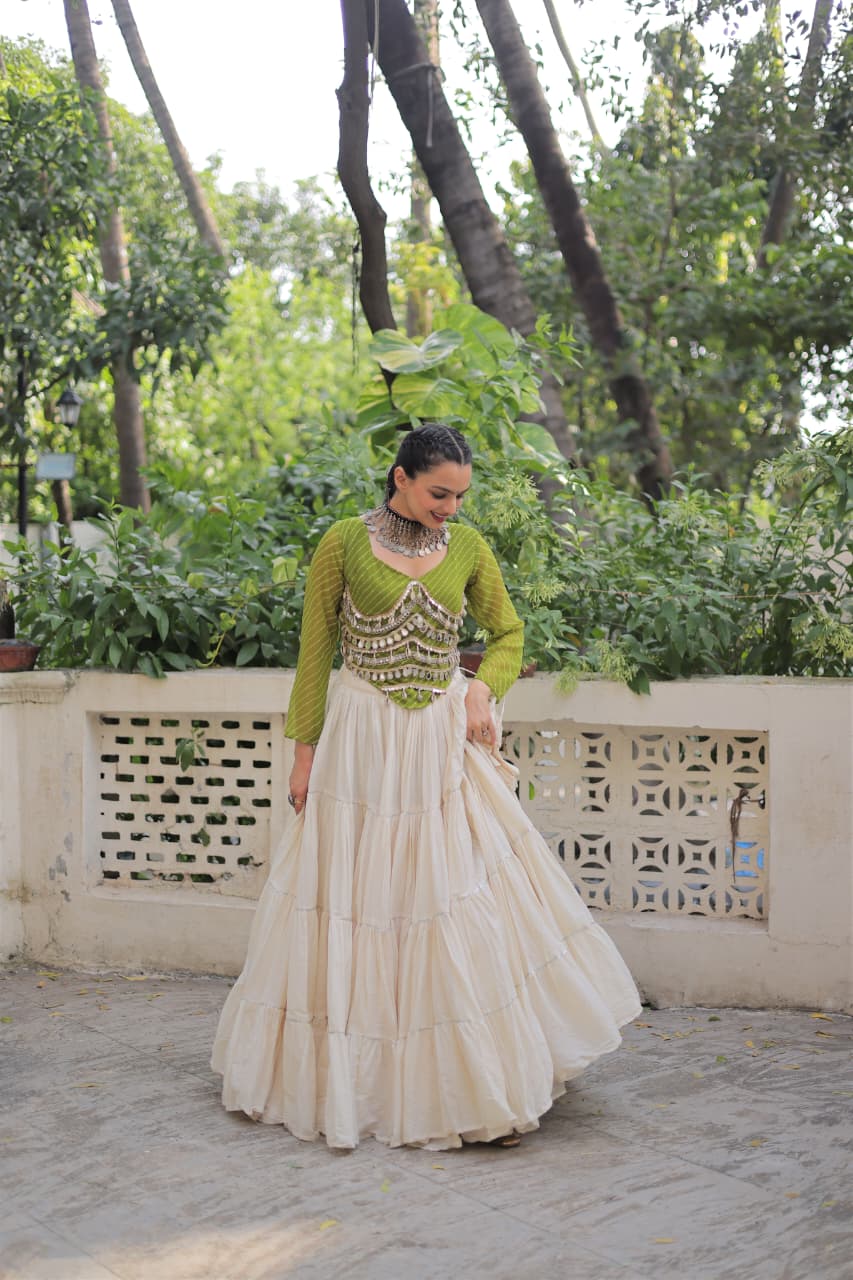 Prazu Fashion Mehndi Georgette Leheriya Print With Attractive Mirror Lace Navaratri Lehenga - Distacart
