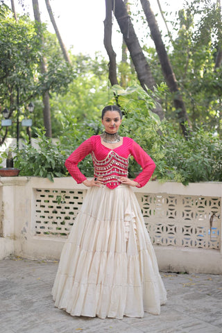 Prazu Fashion Pink Georgette Leheriya Print With Attractive Mirror Lace Navaratri Lehenga