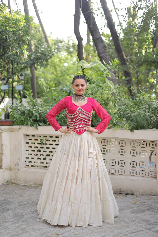 Prazu Fashion Pink Georgette Leheriya Print With Attractive Mirror Lace Navaratri Lehenga