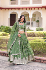 Thumbnail for Prazu Fashion Mahendi Gold Crush With Sequins & Zari Embroidered Work Lehenga Choli - Distacart